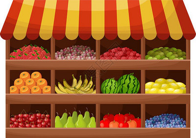 带水果的柜台超市矢量插图